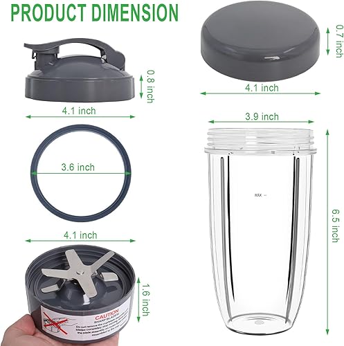 Poweka Tasse de rechange compatible avec la machine NutriBullet 600 W Pro 900 W NB-101S NB-201, couvercle à rabat, couvercle hermétique et lame d'extraction Gris 710 ml - Nail Gallerys