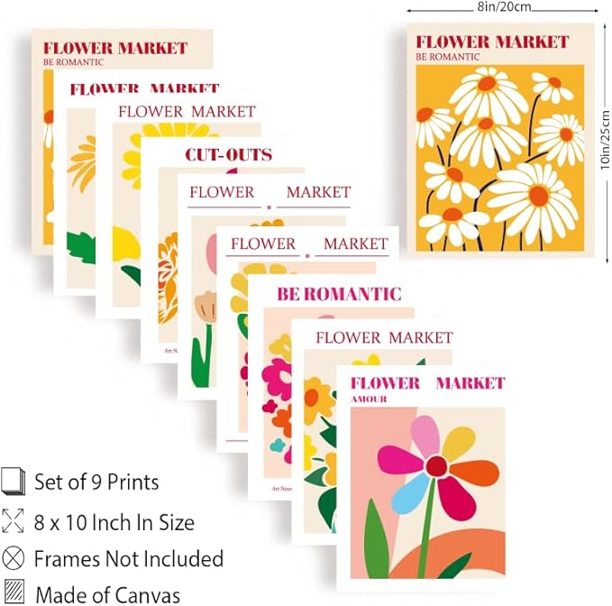 WEBEEDY 9 Styles Affiches Murales Florales Poster du Marché aux Fleurs non Encadré, 20x25cm, Impression de Fleurs Simples et Colorées pour la Décoration Murale, Art Abstrait sur Toile - Nail Gallerys