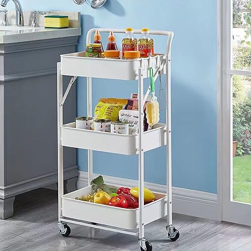 Megashopitalia Chariot de Cuisine Pliable Multifonction avec poignée 3 étagères, paniers 4 roulettes et Frein intégré en métal, Chariot économise de l'espace, Blanc - Nail Gallerys
