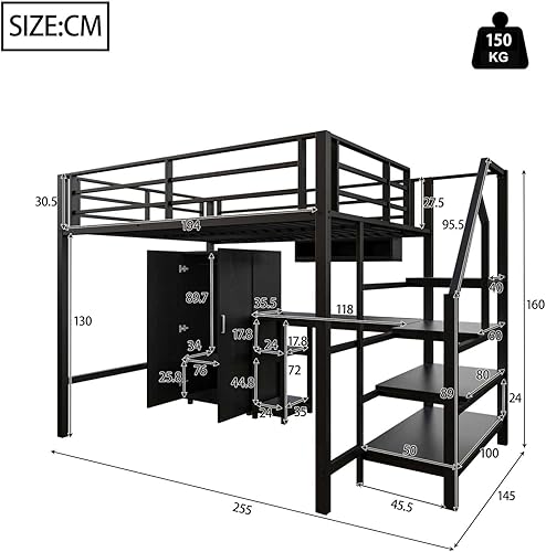 YEHTOKHOME Lit loft en métal 140x200cm avec Armoire,lit Multifonctionnel avec étagères et Bureau,lit Double Moderne avec échelle de Rangement(sans Matelas) (Blanc) - Nail Gallerys