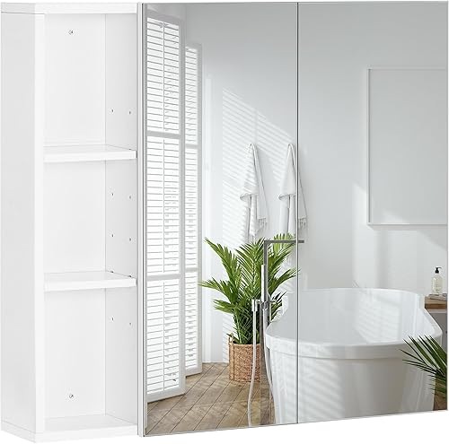 Abician Armoire Murale Salle de Bain Armoire de Rangement Moderne en Bois avec 2 Portes Miroir 3 Casiers 1 Étagères Réglables en Hauteur pour Buanderie Vestiaire 70 cm × 65 cm × 15 cm, Blanc - Nail Gallerys
