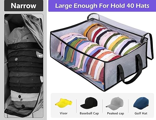 MISSLO Boîte de rangement pour casquette de baseball, peut contenir jusqu'à 40 chapeaux, large organisateur de chapeaux pour placard, sac pliable pour casquettes, gris - Nail Gallerys