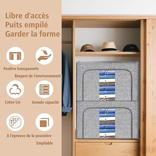 Rangement pour Vêtements et Penderies, 3PCS Sacs en Lin pour Vêtements (24L, 66L, 100L), Rangement Vetement Grands Sacs Pliables avec Couvercle à Armature Métallique, Boite Rangement Vetement (24L) - Nail Gallerys