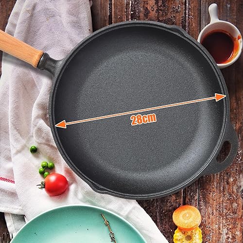 GFTIME Ø28cm Poêle en fonte - Construction robuste et amovible, poêle à frire durable pour tous les types de cuisinières, induction et grill, effet antiadhésif et peu encombrant, poêle en fonte - Nail Gallerys