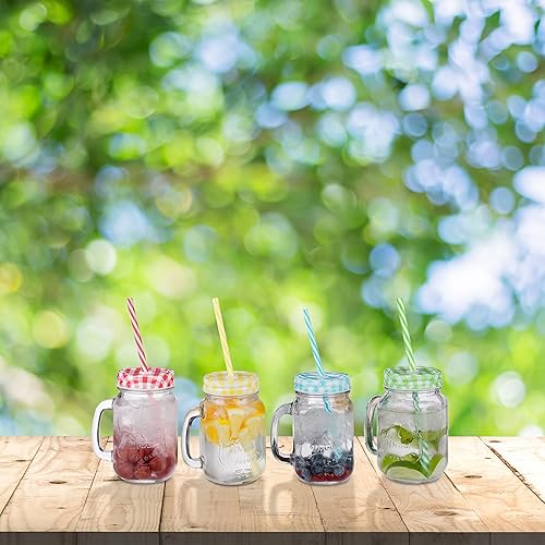 Relaxdays Jarres avec Paille et Couvercle, en Lot de 4, Volume : 500 ML, Design rétro, Verre avec Anse, Multicolore - Nail Gallerys