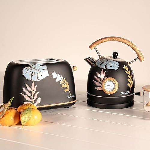 Pack Grille-Pain Caprizze Kaito avec Double Fente Extra Large et Bouilloire Nara Couleur Noir Mat Floral Design Rétro Vintage - Nail Gallerys