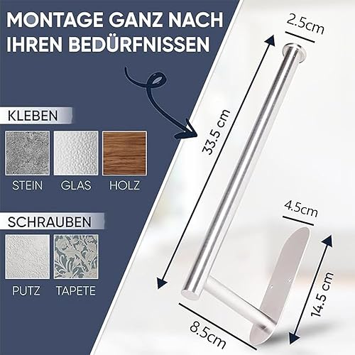 katmerio Porte-rouleau d'essuie-tout mural sans perçage, 335 mm, auto-adhésif ou perçage, en aluminium, pour cuisine, salle de bain (argenté) - Nail Gallerys