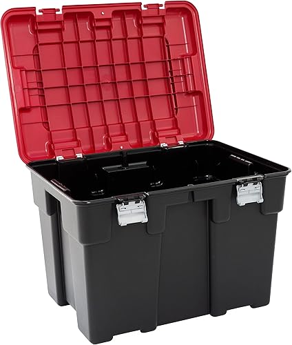 KETER Malle de Rangement Explorer 185L - Boîte multifonctions Pour Garage, Bricolage, Jardin, Cabanon -Poignées en ABS confortables - Couvercle à ouverture totale - 84,2 x 60,2 x 57 cm - Noir/rouge - Nail Gallerys