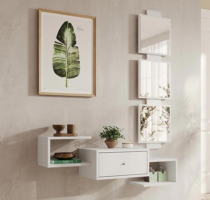 MB Muebles Bonitos, Meuble d’Entrée Mural Neo avec Miroir et Tiroir, Design Moderne Ssuspendu, Mélamine Mate, Couleur Blanc, 99.5x145x29.5 cm - Nail Gallerys