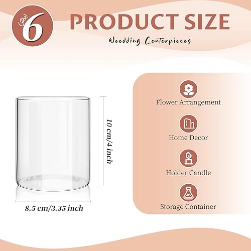 Lot de 6 petits vases en verre pour décoration de table - 10 cm - Vase cylindrique en verre transparent - Vase cylindrique - Vase avec fond pour fleurs, plantes, bougie (8,5 x 10 cm) - Nail Gallerys