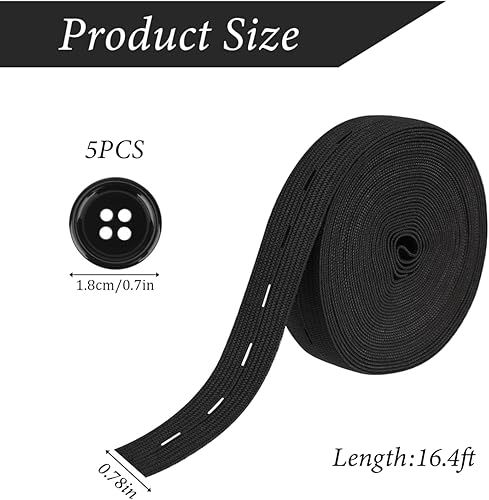 TENGEE Bande élastique à coudre - Bande élastique de 2 m - Bande élastique pour couture - Ruban plat avec œillets à boutons - Élastique large - Noir - Avec 5 boutons en résine - Pour vêtements, - Nail Gallerys