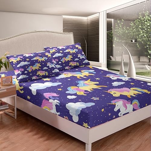 Homewish Drap Housse 90x190 Enfant Fille Licorne Mignonne, Drap-Housse Licorne Arc-en-Ciel 1 Personne, Drap de Lit Ciel Étoilé Étoiles et Nuages, Housse de Matelas Licorne avec 1 Taie d'oreiller - Nail Gallerys