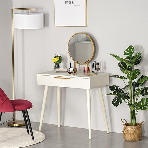 HOMCOM Coiffeuse avec Miroir Rond Table de Maquillage Style Moderne - 2 tiroirs, Pieds en Bois pour Chambre à Coucher, Salon, 80 x 40 x 123 cm Blanc - Nail Gallerys