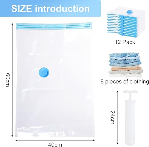 12 Sacs de Rangement sous Vide - Sac sous Vide Vetement Aspirateur, 60×40cm, mit Handpumpe, wiederverwendbar, geeignet für Kleidung, Bettwäsche und Kissen - Nail Gallerys