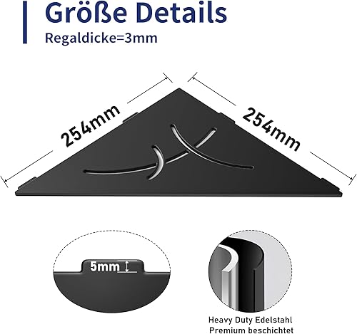 Bernkot Étagère d'angle de douche noire en acier inoxydable 304 - 254 mm - Étagère murale carrelée - Étagère triangulaire pour rangement de salle de bain sans perçage - Nail Gallerys