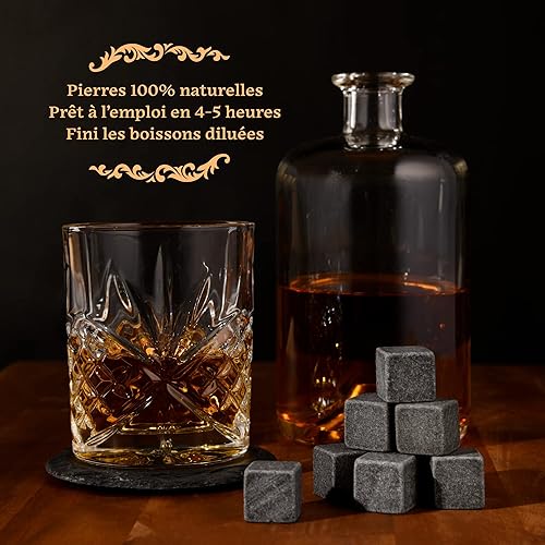 GOURMEO Coffret Pierre à Whiskey en Basalt en Lot de 8 + 2 Verre + 2 sous Verre + 1 Pince en Acier Inoxydable - Nail Gallerys