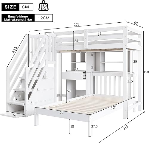 Lit superposé Enfant 90 x 200 avec Fonction Espace de Rangement,lit Double 90 x 200 Multifonction,lit Mezzanine 2 Places avec Bureau et étagères,pour Enfants 90 x 200 - Nail Gallerys