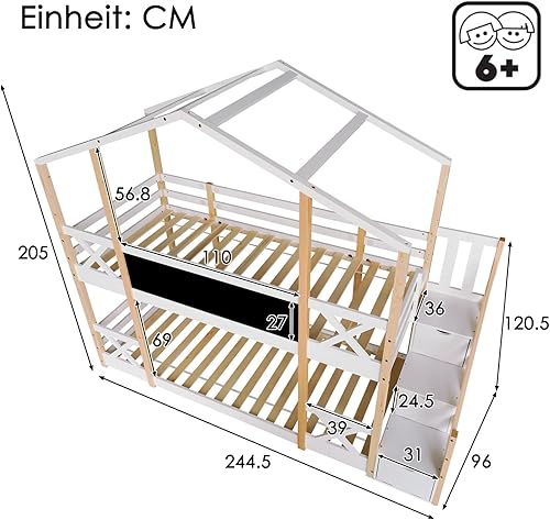 LONELYO Lit superposé Enfant antichute, 90 x 200 cm, avec Toboggan, Mezzanine 2 Places, Structure en Pin, Finition Brute - Nail Gallerys