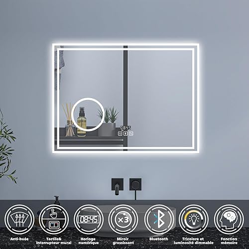 HAPAOSO 120 * 70cm Miroir de Salle de Bain, 3 Couleurs + Bluetooth + Horloge + 3X loupe + Anti-buée + Interrupteur Tactile, Miroir Mural - Nail Gallerys