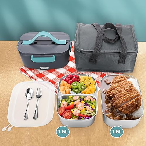 Kssvzz Gamelle Chauffante 80W avec Système Intérieur Combiné 2x1.5L, 3-en-1 12V/24V/110~240V Lunch Box Chauffante, Boite Chauffante Repas avec Gris Sacs Isolants pour Maison Voiture Camion Bureau - Nail Gallerys