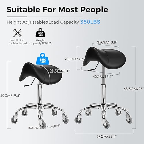 BEWISHOME Tabouret à roulettes pivotant et réglable en cuir synthétique résistant avec large coussin d'assise ergonomique pour salons de beauté, spas et cliniques (noir) - Nail Gallerys