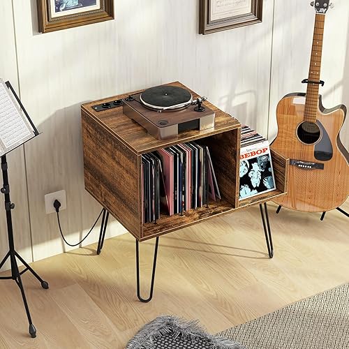 COSTWAY Support Tourne-disque avec Prise, Meuble Tourne-Disque Vinyle pour 145 Albums, Station de Charge, 2 Ports USB, 4 Pieds Amovibles, 3 Séparateurs, Étagère sur Table (Gris) - Nail Gallerys