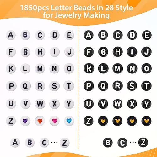 1850PCS Perles Lettres Bracelet,Double perles de lettres A-Z colorées,28 styles de perles d'alphabet pour la fabrication de bracelets,Perles de coeur pour kit de bracelet d'amitié - Nail Gallerys
