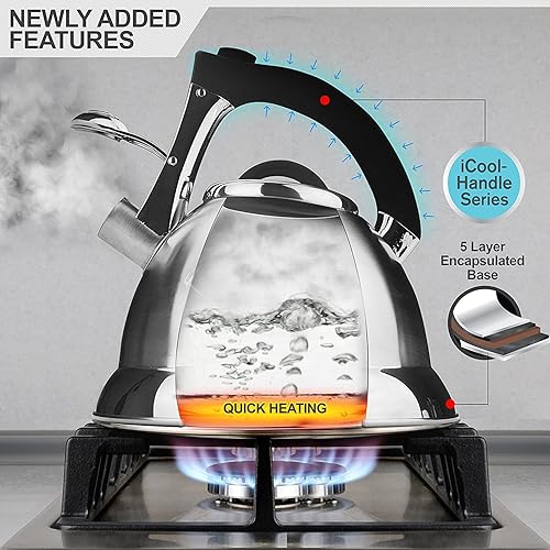 Pykal Bouilloire Sifflante pour Cuisinière - 2.8 L - Bouilloire à Thé avec Poignée iCool en Inox - Bouilloire 5 PLY - Bouilloires a 2 Infuseurs pour Feu à Gaz ou Induction - Nail Gallerys