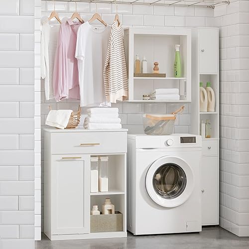 SoBuy Armoire à Linge avec Bac à Linge Pliable Meuble Bas de Salle de Bain Commode pour Salle de Bain Armoire Toilette avec 1 tiroir, 2 Compartiments et 1 Panier à Linge, Blanc, 66x37x95 cm, BZR66-W - Nail Gallerys
