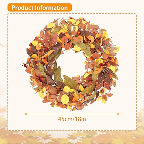 Wlicon 45cm Couronnes d'automne pour Porte d'Entrée, Couronne d'automne Artificielle avec Baies Magnolia Feuilles d'Eucalyptus pour l'Extérieur Intérieur Mur Fenêtre Décor d'automne - Nail Gallerys