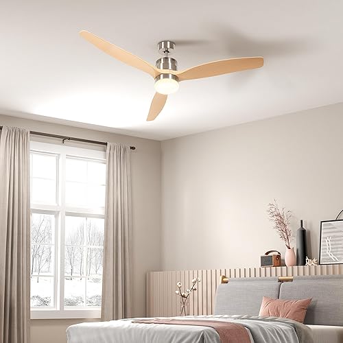 HOMCOM Ventilateur de plafond avec lumière, 6 vitesses, moteur réversible silencieux, avec télécommande, diamètre 132 cm, naturel - Nail Gallerys
