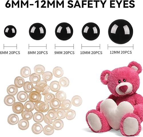 Yeux de Sécurité en Plastique - 142 Pièces de 6/8/9/10/12mm avec Rondelles pour DIY Poupée Peluche, Amigurumi et Autres Projets de Bricolage - Facile à Utiliser et Pratique à Organiser - Nail Gallerys