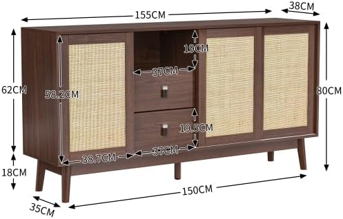 Temdlerpp Buffet Salon avec 3 Portes Coulissantes en Rotin Véritable et 2 Tiroirs, Meuble de Rangement, Noyer,155x38x80cm - Nail Gallerys