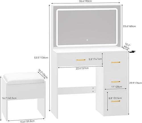 YITAHOME Coiffeuse avec éclairage LED réglable et Prises, Coiffeuse avec 4 tiroirs et Tabouret, Blanche (Table de Maquillage, Table de Maquillage, Vanity Table) - Nail Gallerys