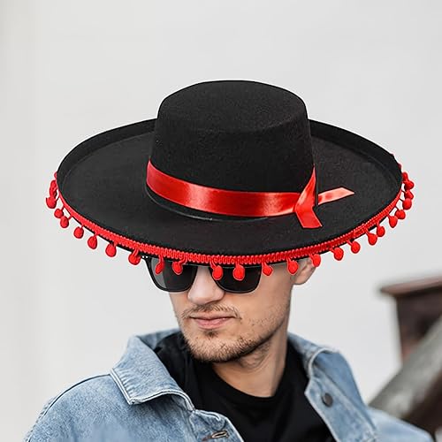 Palaufr Chapeaux De Fête Sombrero - Chapeau Costume Flamenco Espagnol Sombrero à Large Bord,Costume Cosplay à Large Bord avec Pompons pour Hommes, Femmes et Événements Festifs - Nail Gallerys