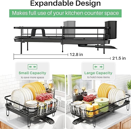 SAYZH Égouttoir à Vaisselle, Extensible (32,5 cm à 54,6 cm) Egouttoir à Vaisselle avec Porte-ustensiles Porte-gobelet, Egouttoir à Vaisselle en Acier Inoxydable pour Comptoir de Cuisine, Noir - Nail Gallerys