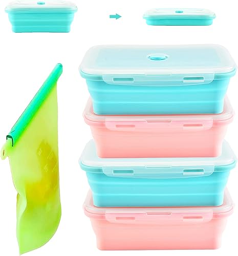 Lot de 3 boîtes de conservation pliables en silicone pour aliments - 1200 ml - Sacs de rangement en silicone inclus - Passe au congélateur, au four, au micro-ondes et au lave-vaisselle - Nail Gallerys