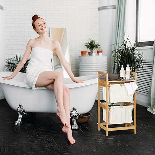 Relaxdays, nature Panier bambou, 2 sacs, 25 L, 2 tiroirs, surface de rangement, coffre à linge, polyester, 1 élément - Nail Gallerys