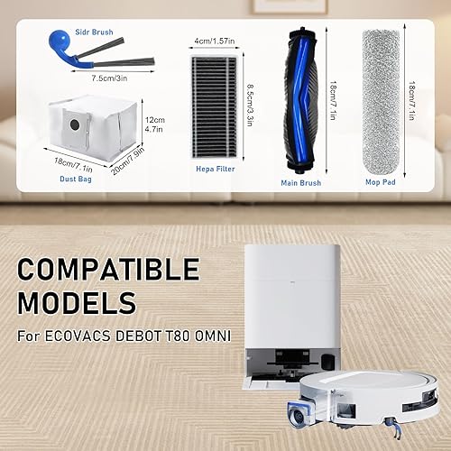 DianSung accessoires pour EECOVACS DEEBOT T80 Pro Omni / T80 OMNI / T80 Pro robot aspirateur pièce de rechange, 2 Brosses à rouleau + 4 sac à poussière + 4 brosses latérales + 4 filtres - Nail Gallerys