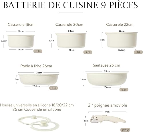 CAROTE Lot de 10 Poele et Casserole Induction, Poêles Antiadhésif 22/26cm, Casserole 18/20/22cm, Sauteuse 26cm, 2 Poignée Amovible, Batterie de Cuisine avec Couvercle, Passe au Four, Sans PFOA - Nail Gallerys