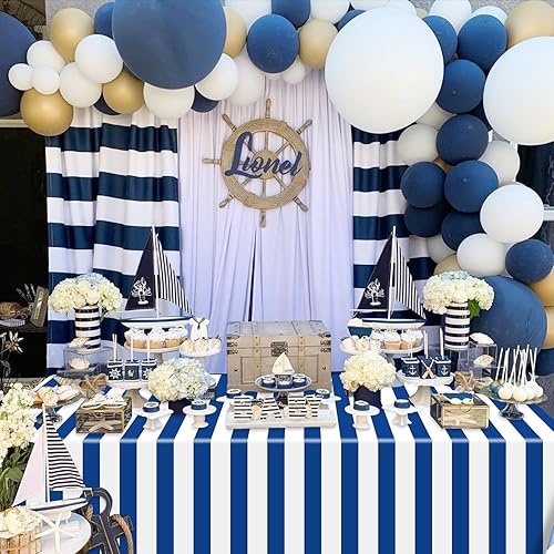 Rouleau de nappe en plastique à rayures bleues et blanches pour fête sur le thème de l'océan nautique, 1er anniversaire de garçon - 30 m - Nail Gallerys