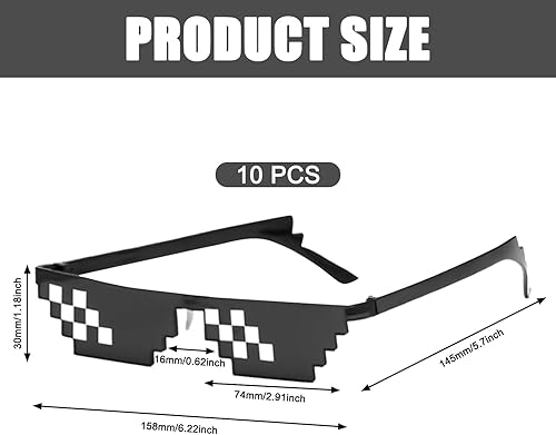 Thug Life Lot de 10 paires de lunettes de soleil Pixels pour fête Mosaïque 8 bits Pixel Mosaïque Lunettes MLG Party Lunettes amusantes pour carnaval, festivals de musique, fête, bar, fête - Nail Gallerys