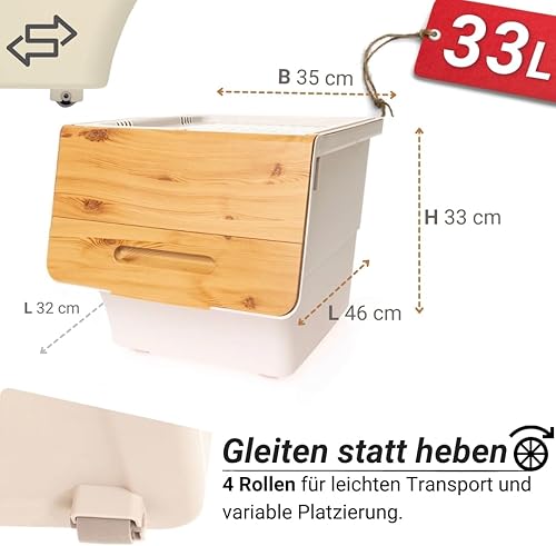 Parpalinam Lot de 3 boîtes de rangement de 33 l avec couvercle et roulettes, empilables, boîtes de rangement pour pommes de terre, sans BPA et de qualité alimentaire, en bambou/beige - Nail Gallerys