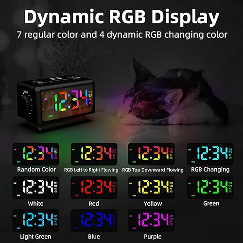 Euakee Réveil Numérique pour Chambre à Coucher, Veilleuses RVB Dynamiques Colorées, Affichage à Chiffres Multicolores, Dimmable, Chargeur USB, Radio-Réveil FM pour Les Dormeurs Profonds (Noir) - Nail Gallerys