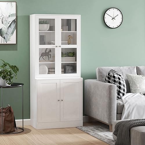 HOMCOM Bibliothèque vitrine Multi-Rangement - 2 Portes Verre, 2 Portes Bois, 4 étagères réglables - MDF Blanc - Nail Gallerys