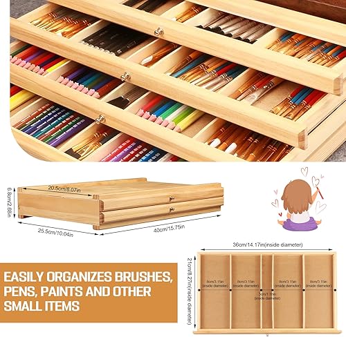 Boîte de rangement pour fournitures artistiques avec séparateurs amovibles, en bois de hêtre de qualité supérieure, boîte à outils d'art pour crayons pastel, crayons, stylos (2 tiroirs 40 x 25,5 x 6,8 - Nail Gallerys