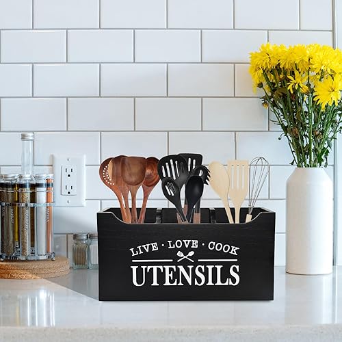 Karisky Porte-ustensiles de cuisine avec fond de drainage, grand 3 compartiments en bois véritable massif pour comptoir de cuisine, rangement d'outils de cuisine de ferme pour comptoir, noir - Nail Gallerys