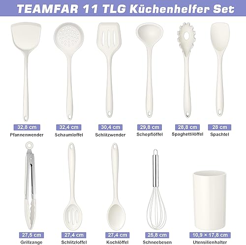 TEAMFAR Lot de 11 ustensiles de cuisine en silicone, antiadhésifs, avec porte-ustensiles, résistants à la chaleur, pour la cuisine, sains et faciles à nettoyer, blancs - Nail Gallerys