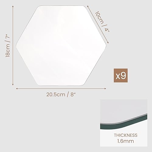 Belle Vous (Lot de 9) Petit Miroir Mural Hexagonal - 20,5 x 18 cm - Mini Miroir A Coller pour Salon, Chambre ou Couloir - Idéal pour les Projets d’Art & Artisanat - Nail Gallerys