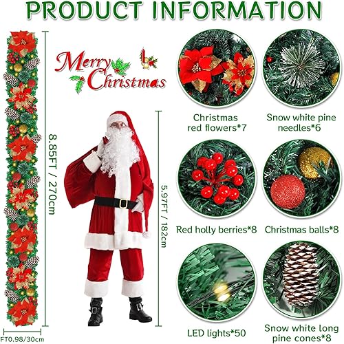 Guirlande de Noël, Guirlande Sapin Artificiel, 270cm Guirlande Sapin Lumineuse, Guirlande de décoration de Noël avec lumières, pour Mur, cheminée, escalier, décoration de Noël - Nail Gallerys